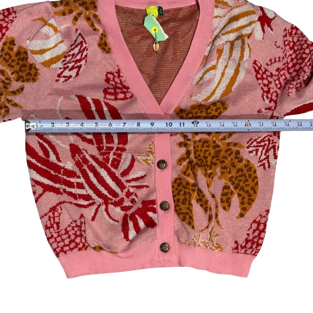 FARM Rio Cardigan Womens L Pink NWT Lobster Leopard Tropical Puff Sleeve Cropped - Picture 4 of 9